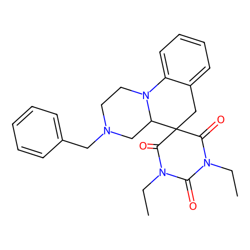 3'-benzyl-1,3-diethylspiro[1,3-diazinane-5,5'-2,4,4a,6-tetrahydro-1H-pyrazino[1,2-a]quinoline]-2,4,6-trione structure