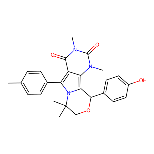 10-(4-hydroxyphenyl)-1,3,7,7-tetramethyl-5-(4-methylphenyl)-1,7,8,10-tetrahydro-2H-pyrimido[4',5':3,4]pyrrolo[2,1-c][1,4]oxazine-2,4(3H)-dione structure