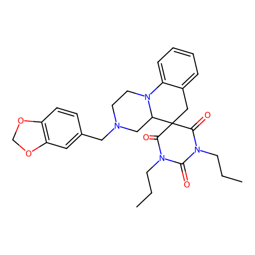 3'-(1,3-benzodioxol-5-ylmethyl)-1,3-dipropylspiro[1,3-diazinane-5,5'-2,4,4a,6-tetrahydro-1H-pyrazino[1,2-a]quinoline]-2,4,6-trione structure