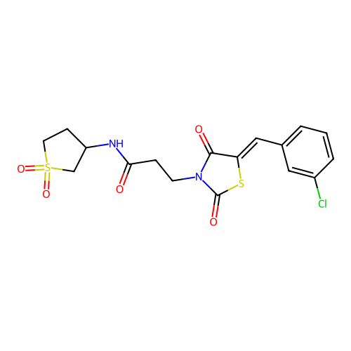 3-[(5Z)-5-(3-chlorobenzylidene)-2,4-dioxo-1,3-thiazolidin-3-yl]-N-(1,1-dioxidotetrahydrothiophen-3-yl)propanamide structure