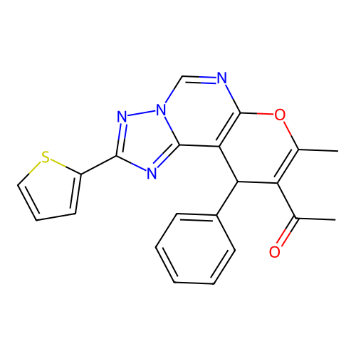 1-(8-methyl-10-phenyl-2-(thiophen-2-yl)-10H-pyrano[3,2-e][1,2,4]triazolo[1,5-c]pyrimidin-9-yl)ethanone structure