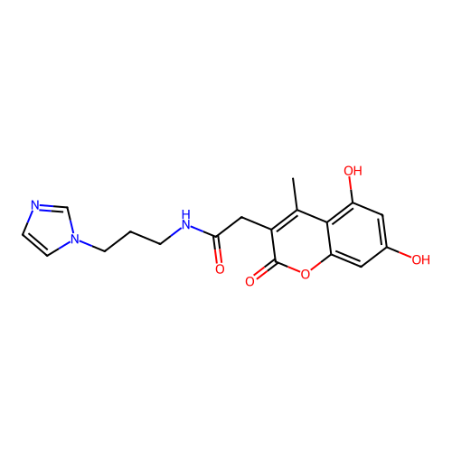 2-(5,7-dihydroxy-4-methyl-2-oxo-2H-chromen-3-yl)-N-[3-(1H-imidazol-1-yl)propyl]acetamide structure