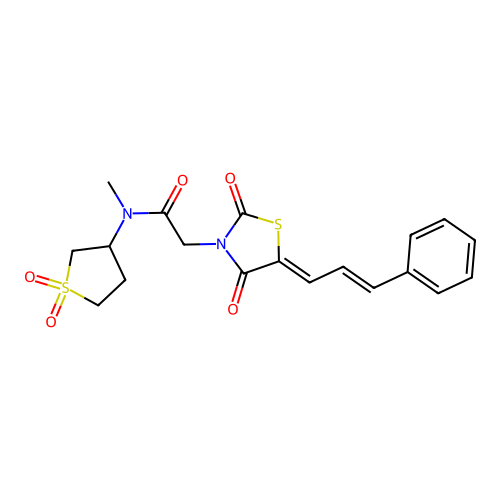 N-(1,1-dioxidotetrahydrothiophen-3-yl)-2-{(5Z)-2,4-dioxo-5-[(2E)-3-phenylprop-2-en-1-ylidene]-1,3-thiazolidin-3-yl}-N-methylacetamide structure