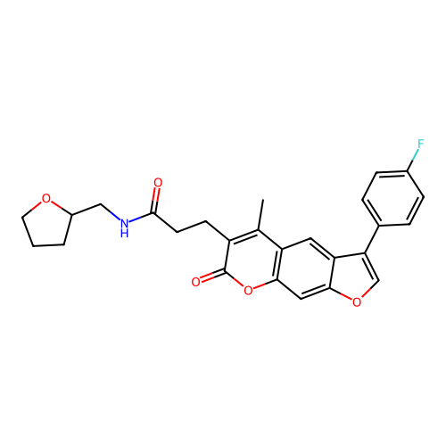 3-(3-(4-fluorophenyl)-5-methyl-7-oxo-7H-furo[3,2-g]chromen-6-yl)-N-((tetrahydrofuran-2-yl)methyl)propanamide structure