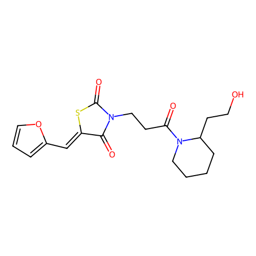 (5Z)-5-(furan-2-ylmethylidene)-3-{3-[2-(2-hydroxyethyl)piperidin-1-yl]-3-oxopropyl}-1,3-thiazolidine-2,4-dione structure