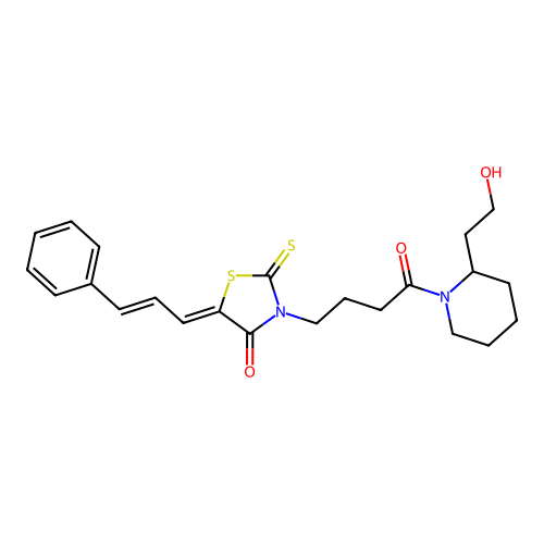 (5Z)-3-{4-[2-(2-hydroxyethyl)piperidin-1-yl]-4-oxobutyl}-5-[(2E)-3-phenylprop-2-en-1-ylidene]-2-thioxo-1,3-thiazolidin-4-one structure