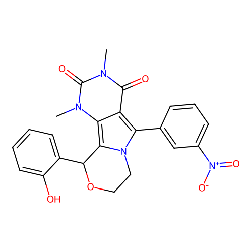 10-(2-hydroxyphenyl)-1,3-dimethyl-5-(3-nitrophenyl)-1,7,8,10-tetrahydro-2H-pyrimido[4',5':3,4]pyrrolo[2,1-c][1,4]oxazine-2,4(3H)-dione structure