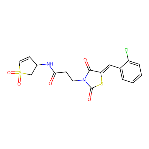 3-[(5Z)-5-(2-chlorobenzylidene)-2,4-dioxo-1,3-thiazolidin-3-yl]-N-(1,1-dioxido-2,3-dihydrothiophen-3-yl)propanamide structure