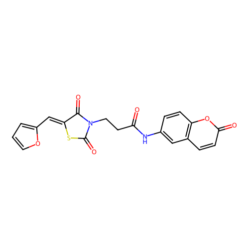 3-[(5Z)-5-(furan-2-ylmethylidene)-2,4-dioxo-1,3-thiazolidin-3-yl]-N-(2-oxo-2H-chromen-6-yl)propanamide structure