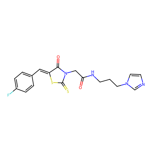 2-[(5Z)-5-(4-fluorobenzylidene)-4-oxo-2-thioxo-1,3-thiazolidin-3-yl]-N-[3-(1H-imidazol-1-yl)propyl]acetamide structure
