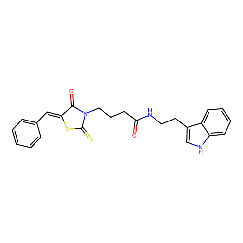 4-[(5Z)-5-benzylidene-4-oxo-2-thioxo-1,3-thiazolidin-3-yl]-N-[2-(1H-indol-3-yl)ethyl]butanamide structure
