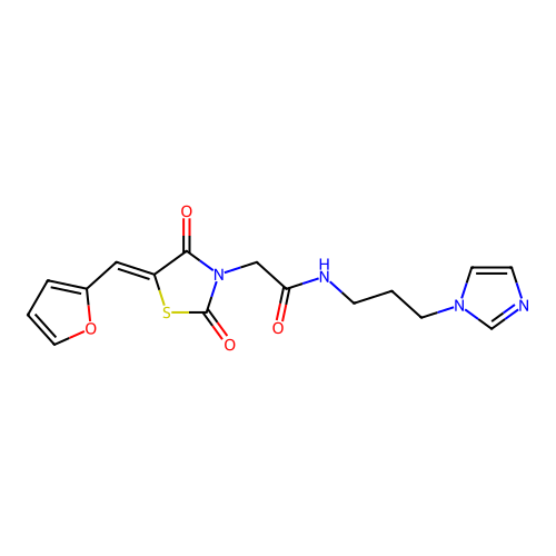 2-[(5Z)-5-(furan-2-ylmethylidene)-2,4-dioxo-1,3-thiazolidin-3-yl]-N-[3-(1H-imidazol-1-yl)propyl]acetamide structure