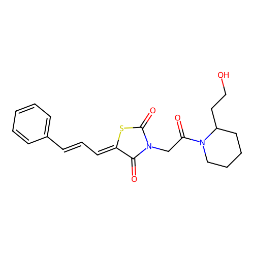 (5Z)-3-[2-[2-(2-hydroxyethyl)piperidin-1-yl]-2-oxoethyl]-5-[(E)-3-phenylprop-2-enylidene]-1,3-thiazolidine-2,4-dione structure