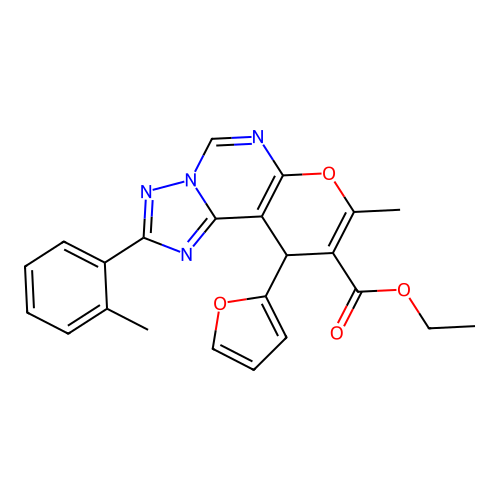 ethyl 10-(furan-2-yl)-8-methyl-2-(2-methylphenyl)-10H-pyrano[3,2-e][1,2,4]triazolo[1,5-c]pyrimidine-9-carboxylate structure
