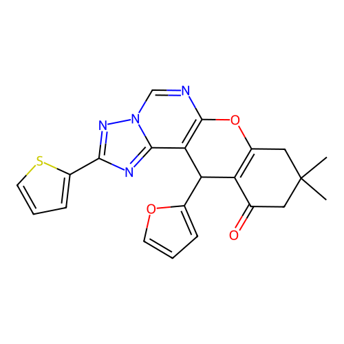 12-(furan-2-yl)-9,9-dimethyl-2-(thiophen-2-yl)-8,9,10,12-tetrahydro-11H-chromeno[3,2-e][1,2,4]triazolo[1,5-c]pyrimidin-11-one structure