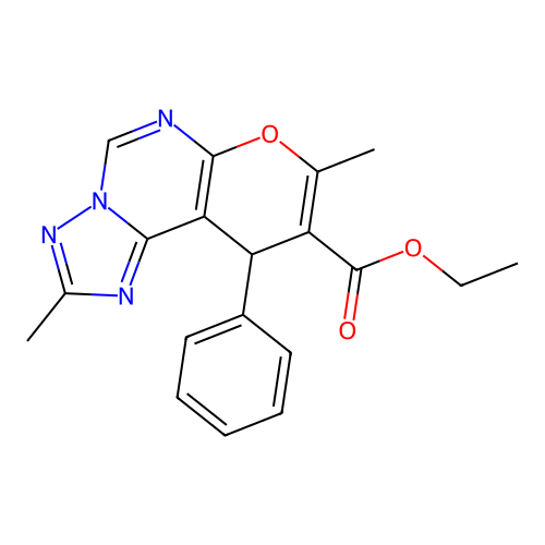 ethyl 2,8-dimethyl-10-phenyl-10H-pyrano[3,2-e][1,2,4]triazolo[1,5-c]pyrimidine-9-carboxylate structure