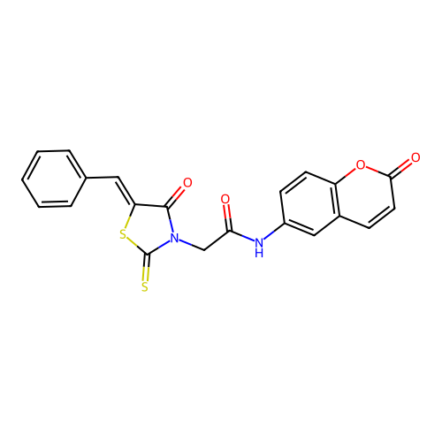 2-[(5Z)-5-benzylidene-4-oxo-2-thioxo-1,3-thiazolidin-3-yl]-N-(2-oxo-2H-chromen-6-yl)acetamide structure