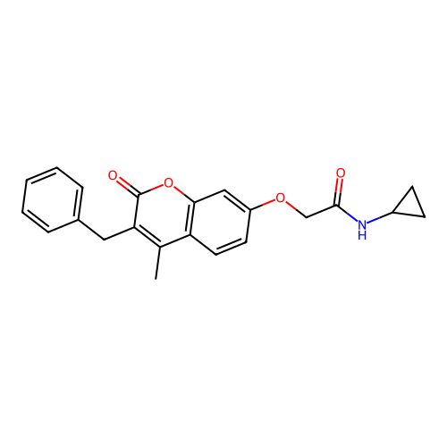2-((3-benzyl-4-methyl-2-oxo-2H-chromen-7-yl)oxy)-N-cyclopropylacetamide structure