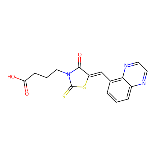 (Z)-4-(4-oxo-5-(quinoxalin-5-ylmethylene)-2-thioxothiazolidin-3-yl)butanoic acid structure