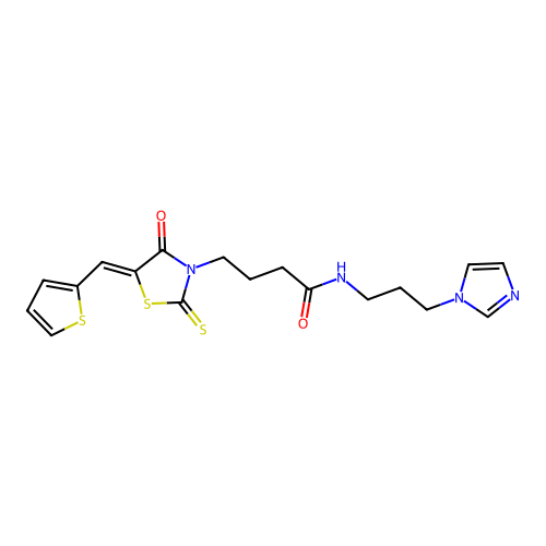 N-[3-(1H-imidazol-1-yl)propyl]-4-[(5Z)-4-oxo-5-(thiophen-2-ylmethylidene)-2-thioxo-1,3-thiazolidin-3-yl]butanamide structure