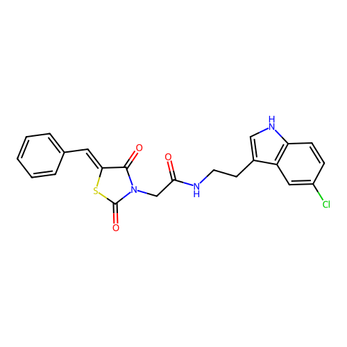 2-[(5Z)-5-benzylidene-2,4-dioxo-1,3-thiazolidin-3-yl]-N-[2-(5-chloro-1H-indol-3-yl)ethyl]acetamide structure