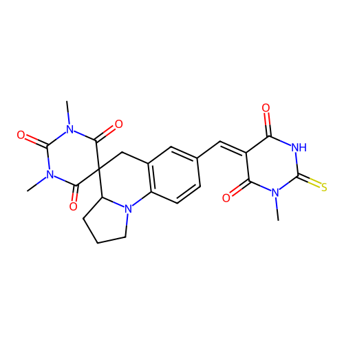 (Z)-7'-((2-mercapto-1-methyl-4,6-dioxo-1,6-dihydropyrimidin-5(4H)-ylidene)methyl)-1,3-dimethyl-2',3',3a',5'-tetrahydro-1H,1'H-spiro[pyrimidine-5,4'-pyrrolo[1,2-a]quinoline]-2,4,6(3H)-trione structure