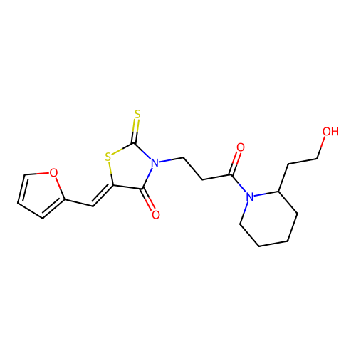 (5Z)-5-(furan-2-ylmethylidene)-3-[3-[2-(2-hydroxyethyl)piperidin-1-yl]-3-oxopropyl]-2-sulfanylidene-1,3-thiazolidin-4-one structure