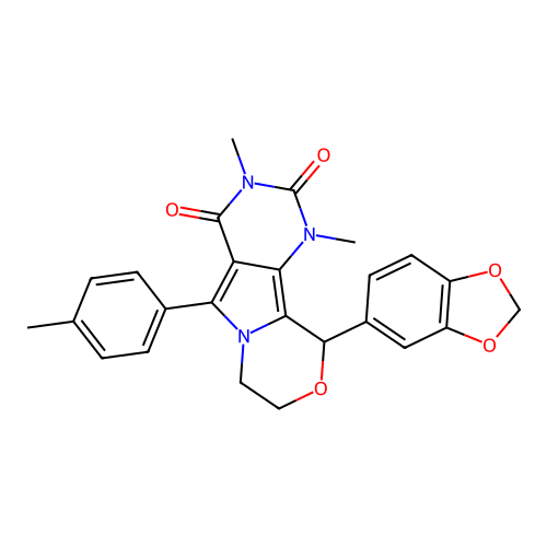 10-(1,3-benzodioxol-5-yl)-1,3-dimethyl-5-(4-methylphenyl)-1,7,8,10-tetrahydro-2H-pyrimido[4',5':3,4]pyrrolo[2,1-c][1,4]oxazine-2,4(3H)-dione structure