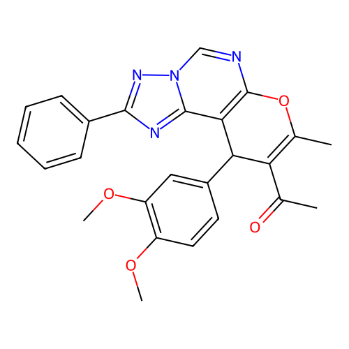 1-(10-(3,4-dimethoxyphenyl)-8-methyl-2-phenyl-10H-pyrano[3,2-e][1,2,4]triazolo[1,5-c]pyrimidin-9-yl)ethanone structure