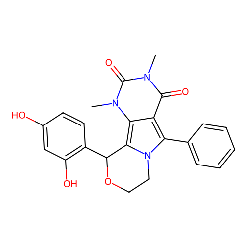 10-(2,4-dihydroxyphenyl)-1,3-dimethyl-5-phenyl-1,7,8,10-tetrahydro-2H-pyrimido[4',5':3,4]pyrrolo[2,1-c][1,4]oxazine-2,4(3H)-dione structure