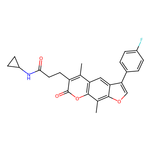 N-cyclopropyl-3-[3-(4-fluorophenyl)-5,9-dimethyl-7-oxofuro[3,2-g]chromen-6-yl]propanamide structure