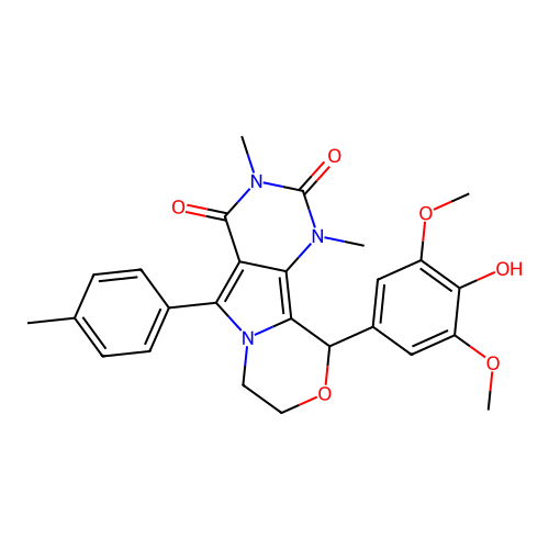 10-(4-hydroxy-3,5-dimethoxyphenyl)-1,3-dimethyl-5-(4-methylphenyl)-1,7,8,10-tetrahydro-2H-pyrimido[4',5':3,4]pyrrolo[2,1-c][1,4]oxazine-2,4(3H)-dione structure
