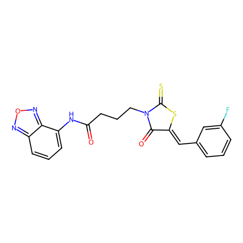 N-(2,1,3-benzoxadiazol-4-yl)-4-[(5Z)-5-(3-fluorobenzylidene)-4-oxo-2-thioxo-1,3-thiazolidin-3-yl]butanamide structure