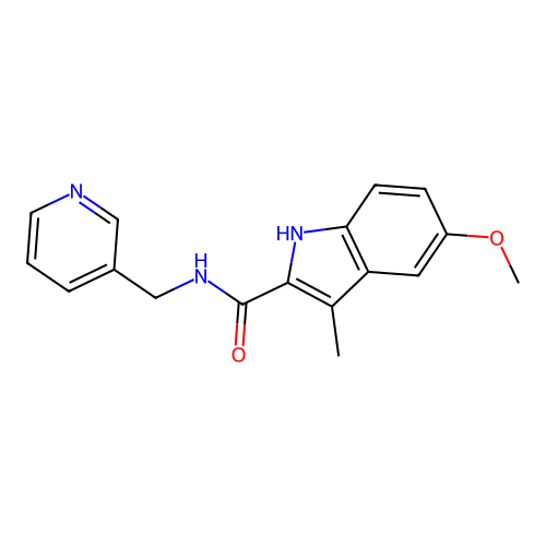 5-methoxy-3-methyl-N-(pyridin-3-ylmethyl)-1H-indole-2-carboxamide structure