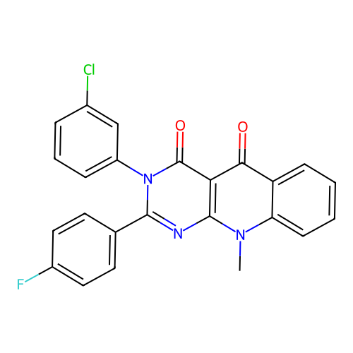 3-(3-chlorophenyl)-2-(4-fluorophenyl)-10-methylpyrimido[4,5-b]quinoline-4,5(3H,10H)-dione structure