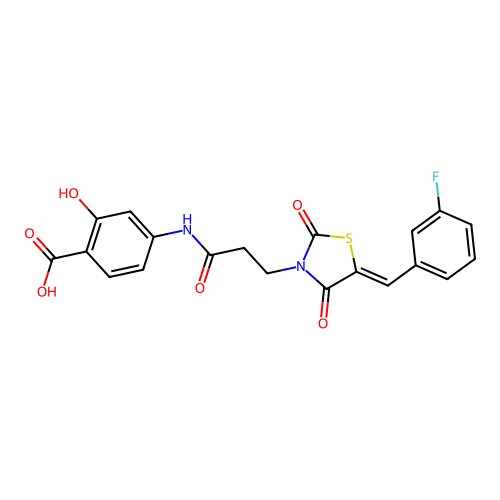 4-({3-[(5Z)-5-(3-fluorobenzylidene)-2,4-dioxo-1,3-thiazolidin-3-yl]propanoyl}amino)-2-hydroxybenzoic acid structure