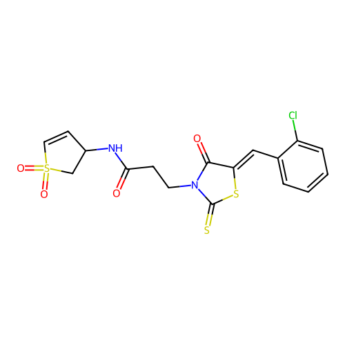 3-[(5Z)-5-[(2-chlorophenyl)methylidene]-4-oxo-2-sulfanylidene-1,3-thiazolidin-3-yl]-N-(1,1-dioxo-2,3-dihydrothiophen-3-yl)propanamide structure