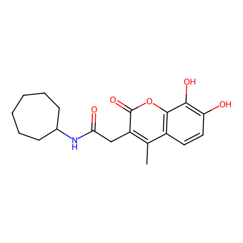 N-cycloheptyl-2-(7,8-dihydroxy-4-methyl-2-oxo-2H-chromen-3-yl)acetamide structure
