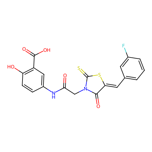 5-({[(5Z)-5-(3-fluorobenzylidene)-4-oxo-2-thioxo-1,3-thiazolidin-3-yl]acetyl}amino)-2-hydroxybenzoic acid structure