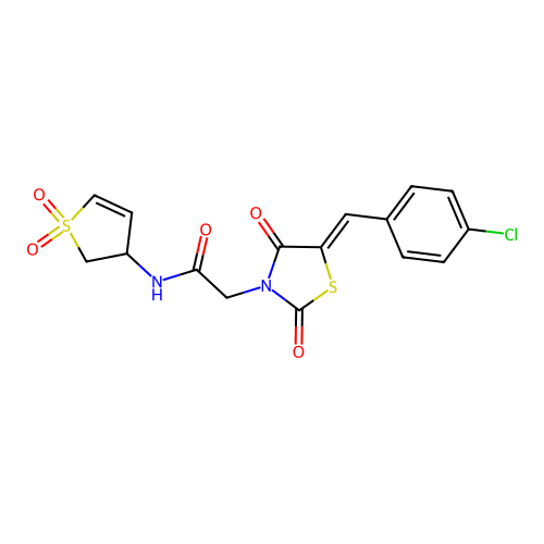2-[(5Z)-5-(4-chlorobenzylidene)-2,4-dioxo-1,3-thiazolidin-3-yl]-N-(1,1-dioxido-2,3-dihydrothiophen-3-yl)acetamide structure