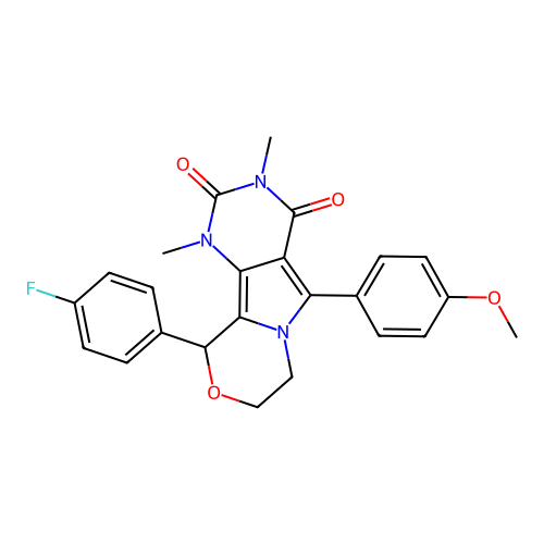 10-(4-fluorophenyl)-5-(4-methoxyphenyl)-1,3-dimethyl-1,7,8,10-tetrahydro-2H-pyrimido[4',5':3,4]pyrrolo[2,1-c][1,4]oxazine-2,4(3H)-dione structure