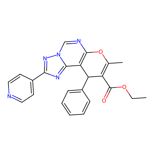 ethyl 8-methyl-10-phenyl-2-(pyridin-4-yl)-10H-pyrano[3,2-e][1,2,4]triazolo[1,5-c]pyrimidine-9-carboxylate structure