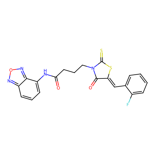N-(2,1,3-benzoxadiazol-4-yl)-4-[(5Z)-5-(2-fluorobenzylidene)-4-oxo-2-thioxo-1,3-thiazolidin-3-yl]butanamide structure