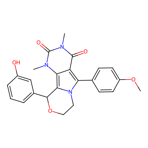 10-(3-hydroxyphenyl)-5-(4-methoxyphenyl)-1,3-dimethyl-1,7,8,10-tetrahydro-2H-pyrimido[4',5':3,4]pyrrolo[2,1-c][1,4]oxazine-2,4(3H)-dione structure