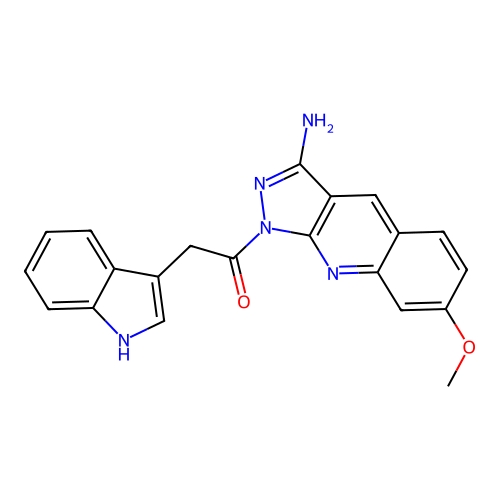 1-(1H-indol-3-ylacetyl)-7-methoxy-1H-pyrazolo[3,4-b]quinolin-3-amine structure
