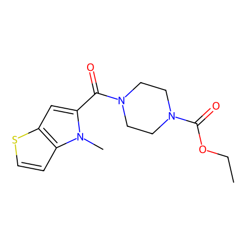 ethyl 4-[(4-methyl-4H-thieno[3,2-b]pyrrol-5-yl)carbonyl]piperazine-1-carboxylate structure