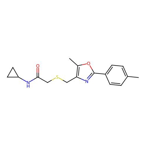 N-Cyclopropyl-2-(((5-methyl-2-(p-tolyl)oxazol-4-yl)methyl)thio)acetamide structure