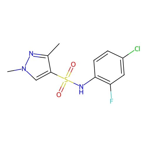 N-(4-chloro-2-fluorophenyl)-1,3-dimethylpyrazole-4-sulfonamide structure