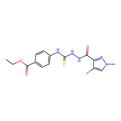 ethyl 4-(2-(4-iodo-1-methyl-1H-pyrazole-3-carbonyl)hydrazinecarbothioamido)benzoate structure