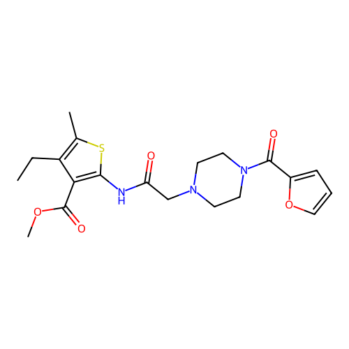 methyl 4-ethyl-2-({[4-(furan-2-ylcarbonyl)piperazin-1-yl]acetyl}amino)-5-methylthiophene-3-carboxylate structure